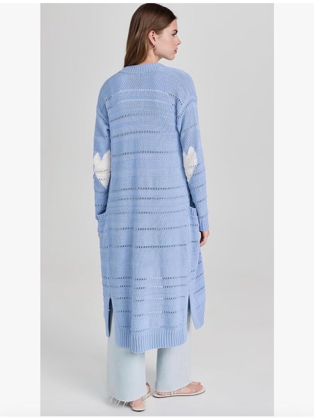 NWT Kerri Rosenthal Sandy Open-Knit Long Cardigan with White Elbow Hearts